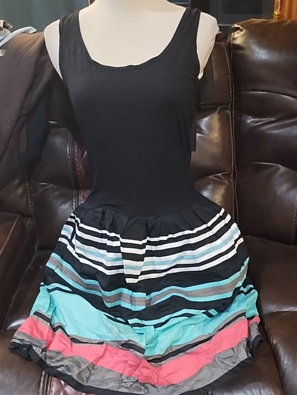 DKNY Sleeveless Black Tank Dress with Multi-Color Stripes